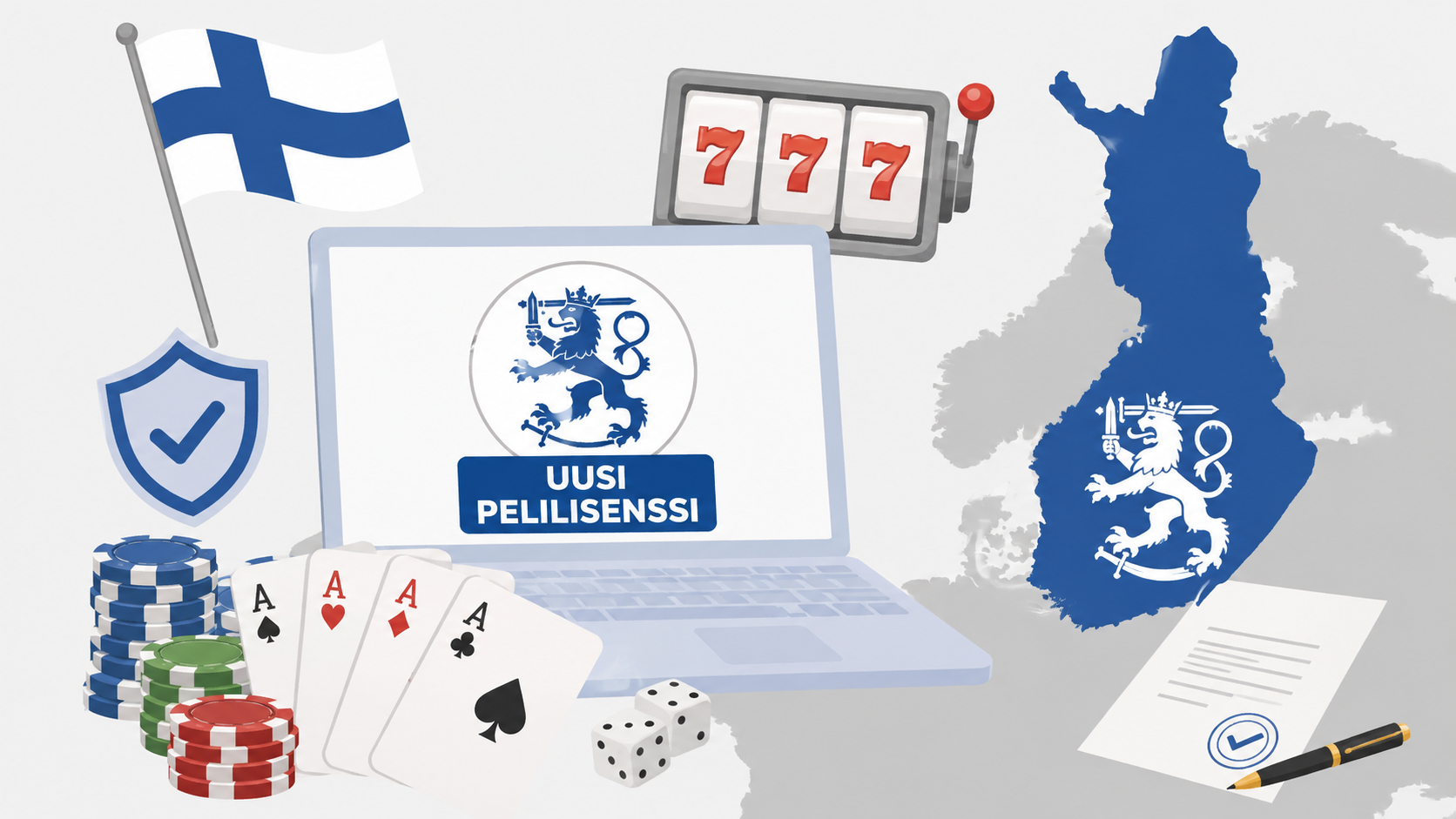 Suomen lippu, Suomen kartta, pelimerkkejä ja kannettava tietokone jossa lukee Uusi pelilisenssi