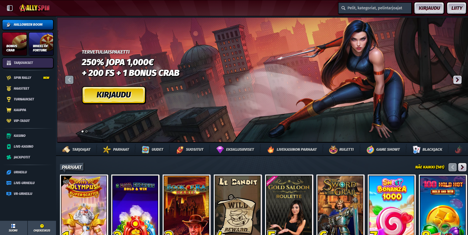 AllySpin Casino etusivu ja käyttöliittymä - Kuvakaappaus kasinon verkkosivusta