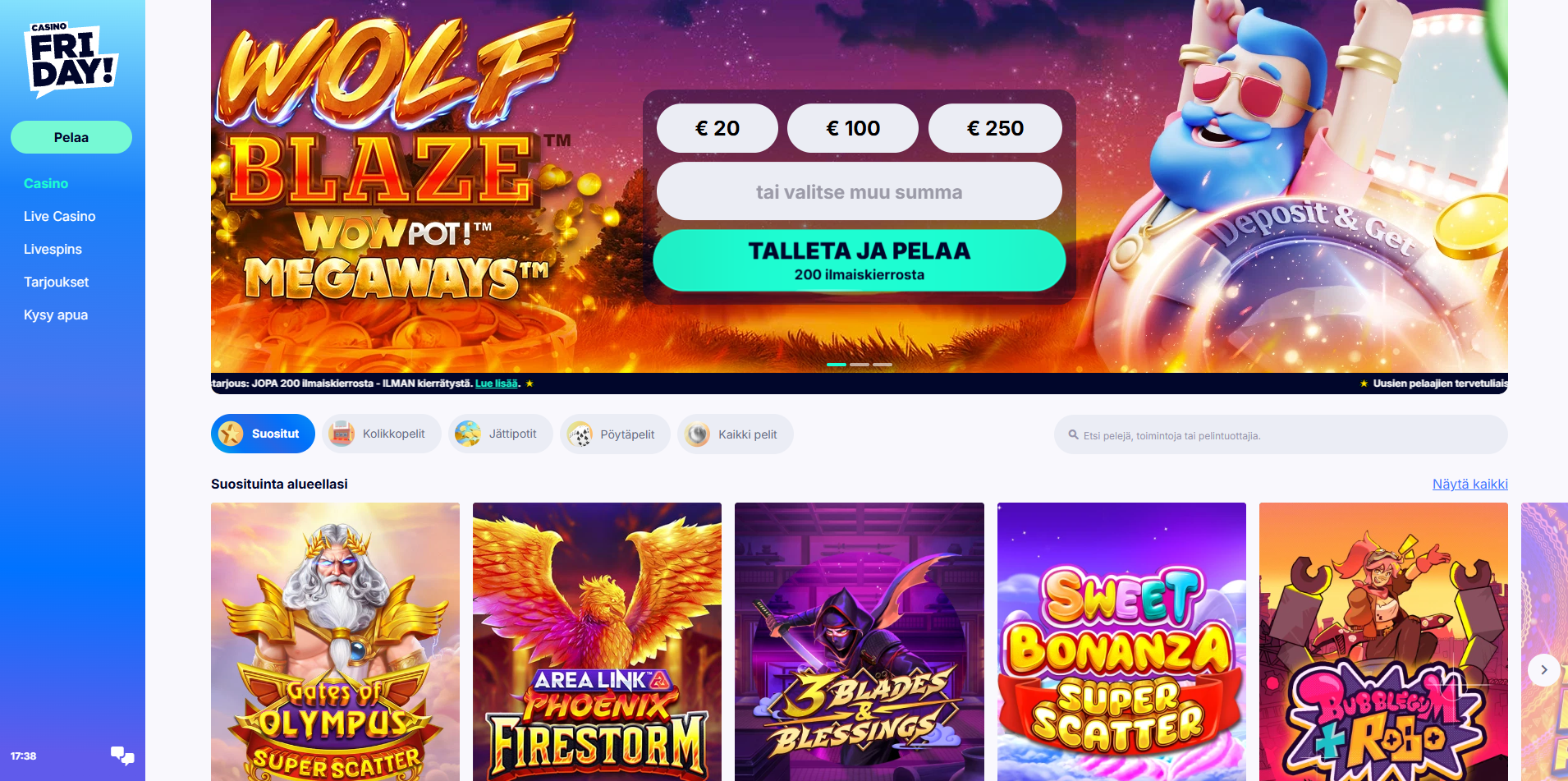 Casino Friday etusivu ja käyttöliittymä - Kuvakaappaus kasinon verkkosivusta