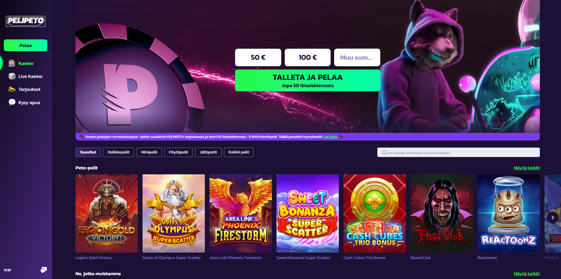Pelipeto Casino etusivu ja käyttöliittymä - Kuvakaappaus kasinon verkkosivusta