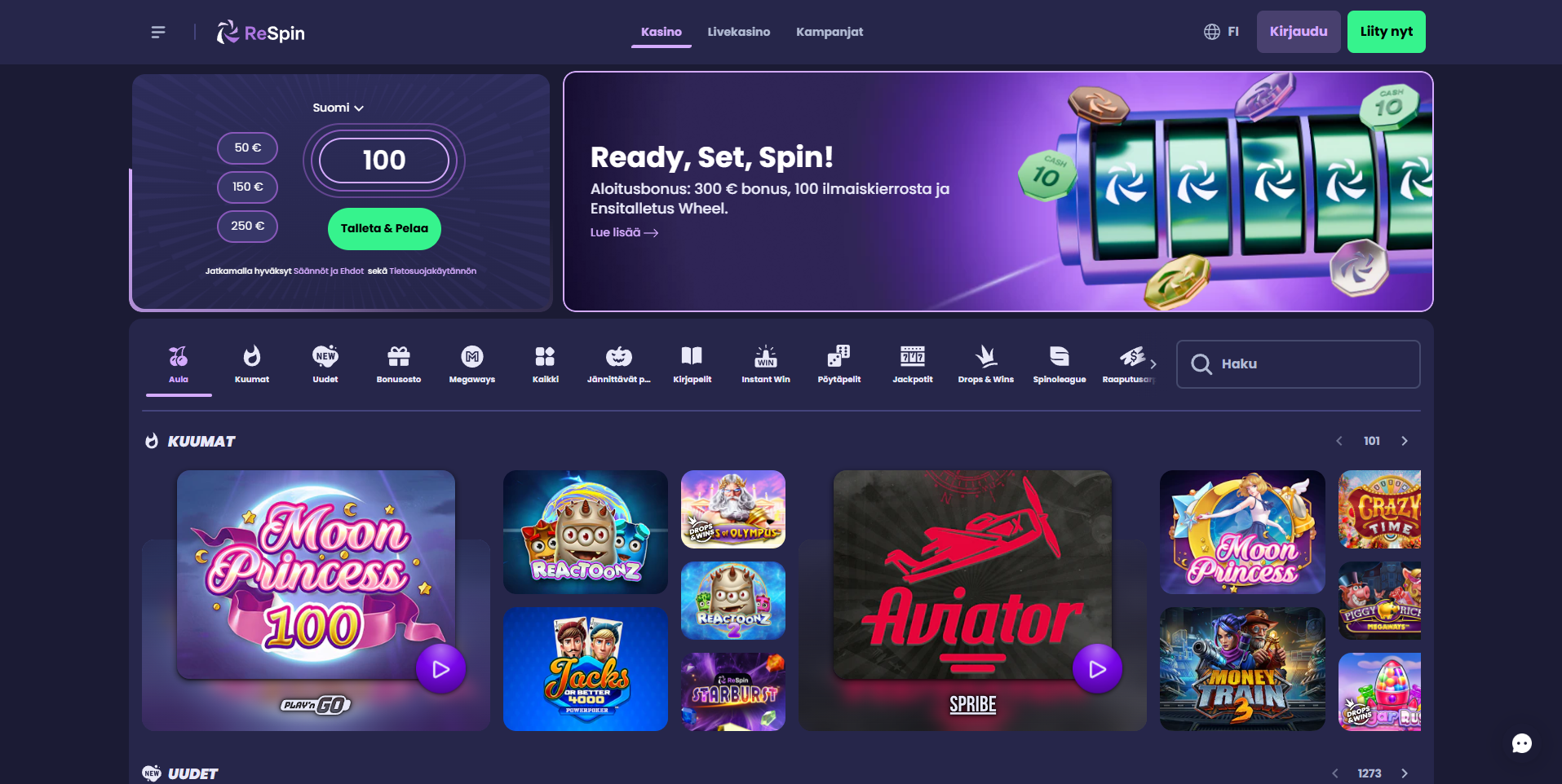 Respin Casino etusivu ja käyttöliittymä - Kuvakaappaus kasinon verkkosivusta