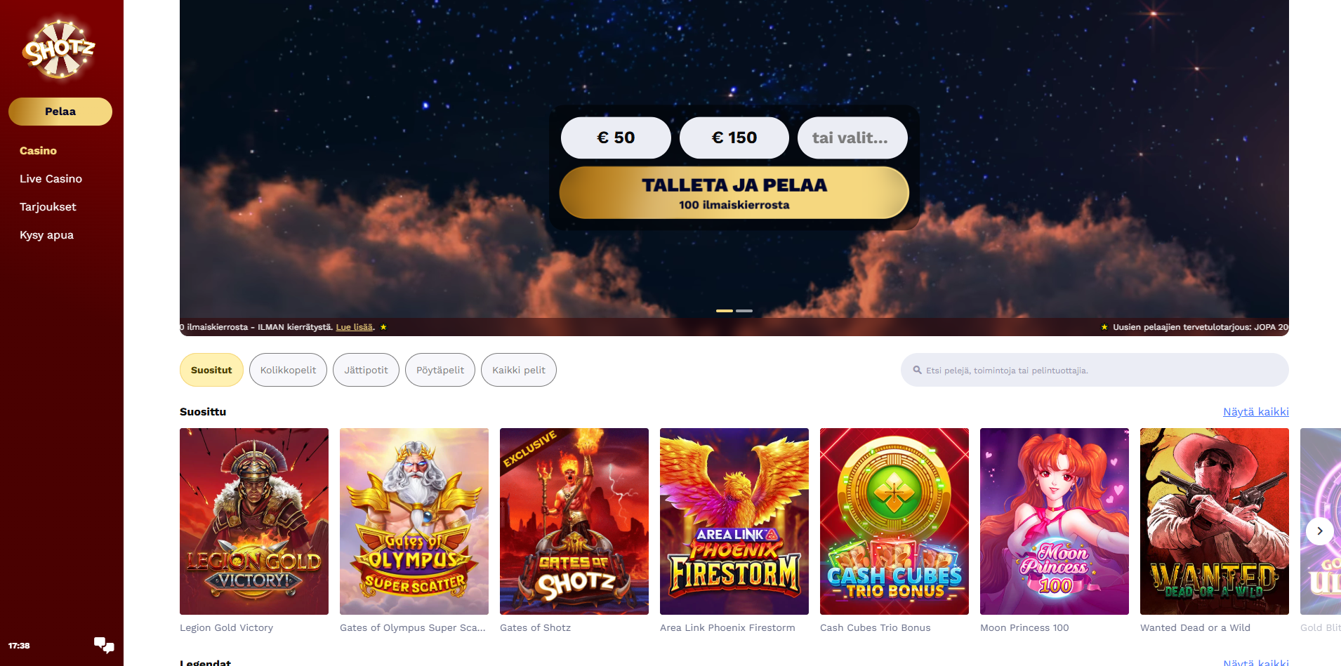 Shotz Casino etusivu ja käyttöliittymä - Kuvakaappaus kasinon verkkosivusta